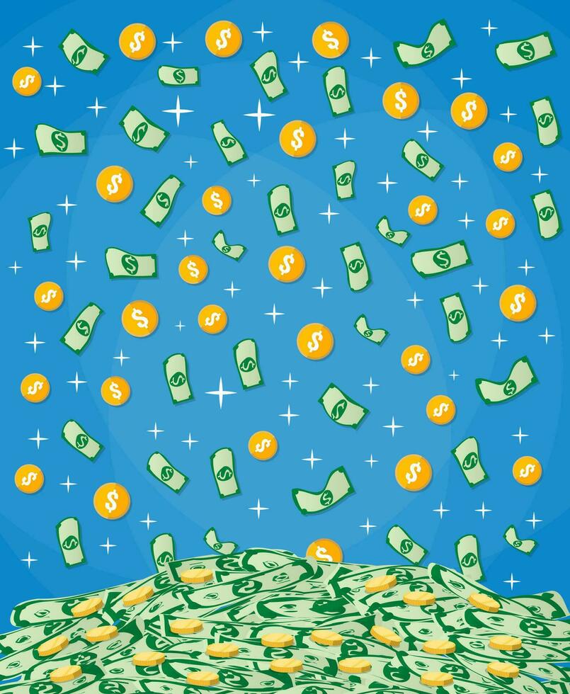 Falling Money dollars and gold coins into big pile of cash. vector illustration in flat design on blue background