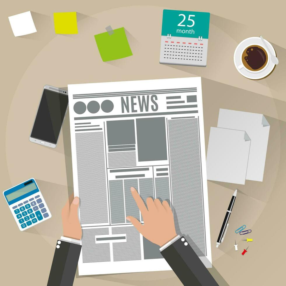 Cartoon businessman hand holding newspaper. Desk with calculator, sticky notes, smartphone, pen, papers, coffee cup, calendar with long shadows. vector illustration on brown background in flat design
