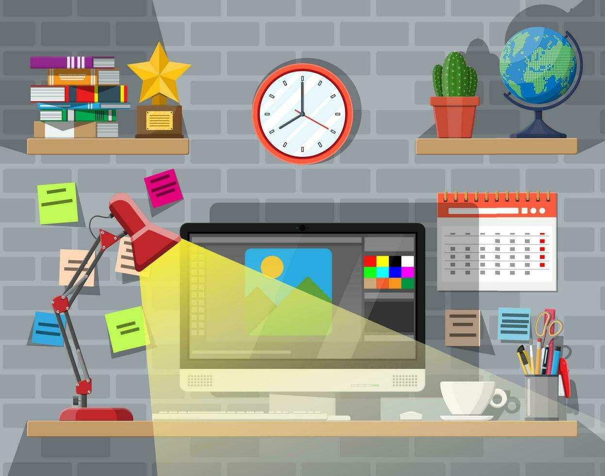 Modern creative office or home workspace. Workplace with computer, lamp, clock, books, coffee, calendar, stationery. Desk with business elements. Vector illustration in flat style