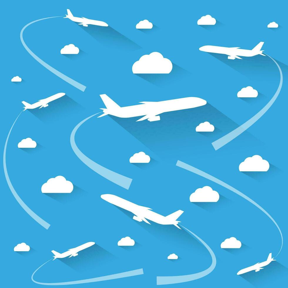 resumen blanco aviones y nubes con largo oscuridad en azul antecedentes. vector ilustración. viaje concepto