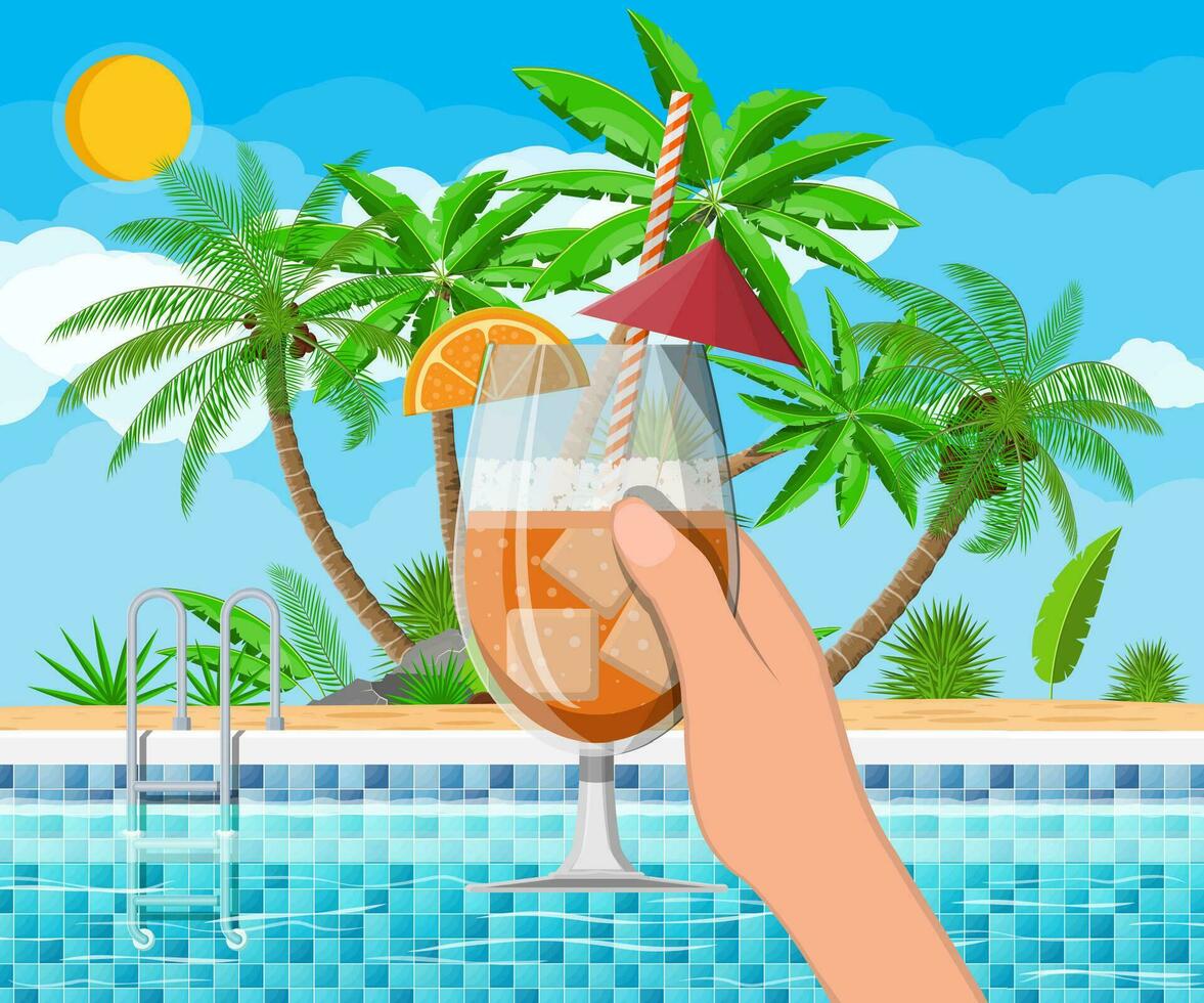 Glass of cold drink, alcohol cocktail in hand. Swimming pool and ladder. Palm tree. Sky, clouds, sun. Vacation and holiday concept. Vector illustration in flat style