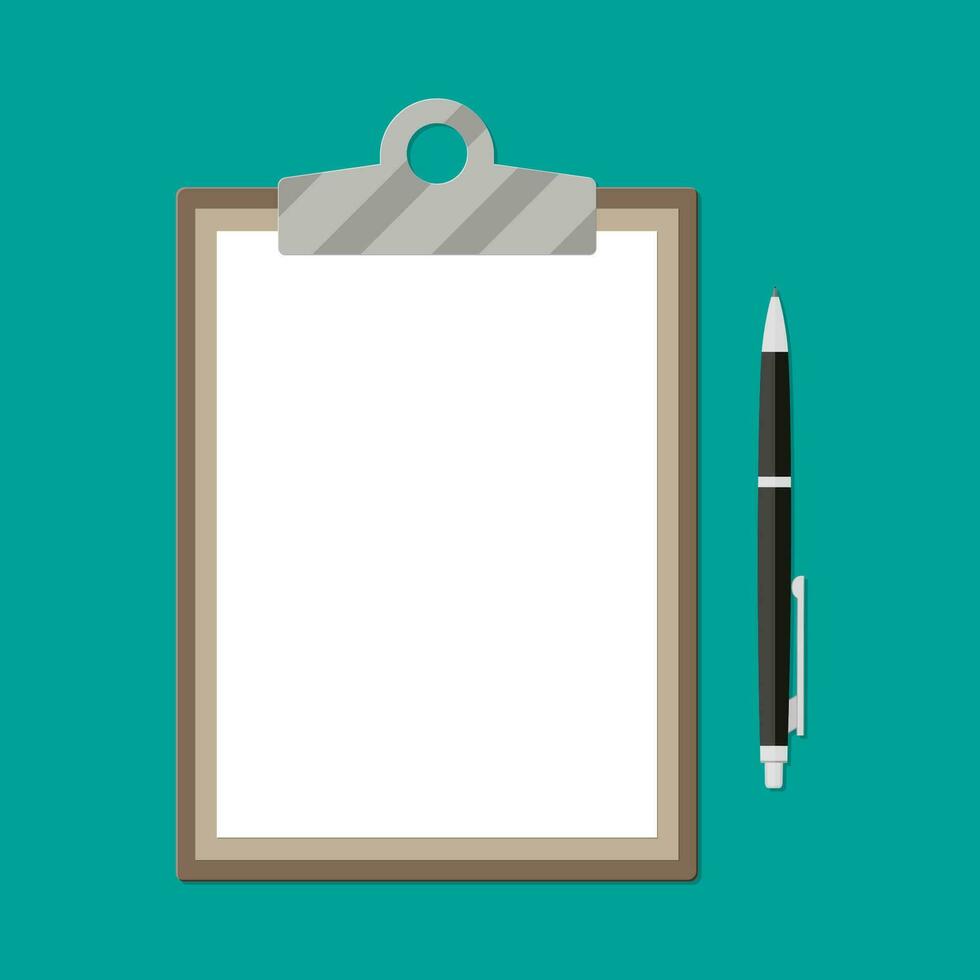 Brown clipboard with empty white paper and pen. vector illustration in flat style