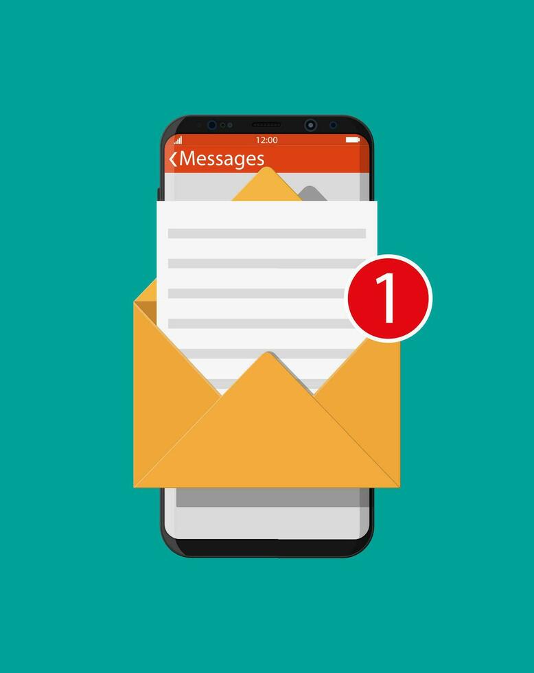Paper envelope letter with counter notification in smartphone. Mail sms message icon. Unread email message. Vector illustration in flat style