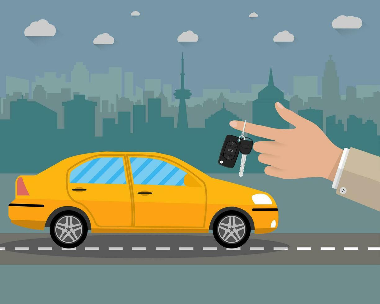 Hand holding car Key with alarm and chain. car on road and cityscape. vector illustration in flat style