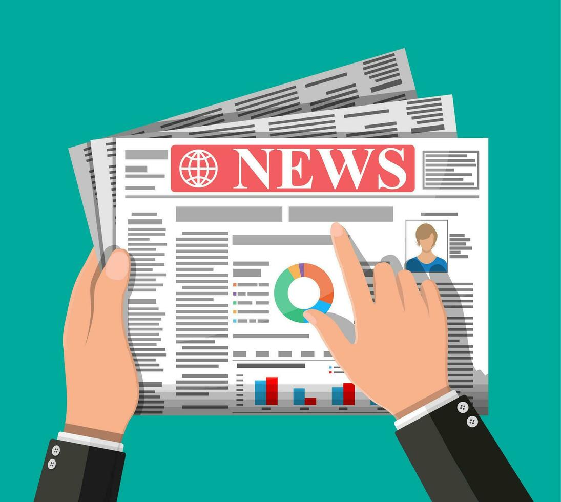 Daily newspaper in hands. News journal design. Pages with various headlines, images, quotes, text and articles. Media, journalism and press. Vector illustration in flat style.