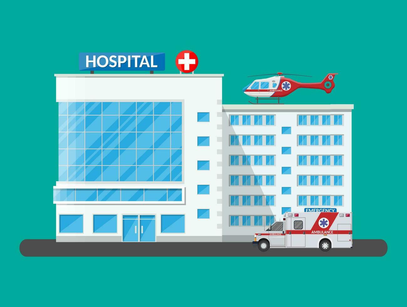 Hospital building, medical icon. Healthcare, hospital and medical diagnostics. Urgency and emergency services. Car and helicopter. Vector illustration in flat style