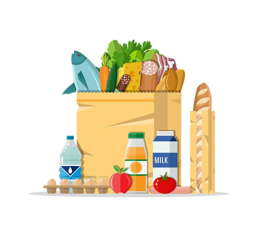 Paper shopping bag full of groceries products. Grocery store. Supermarket. Fresh organic food and drinks. Vector illustration in flat style