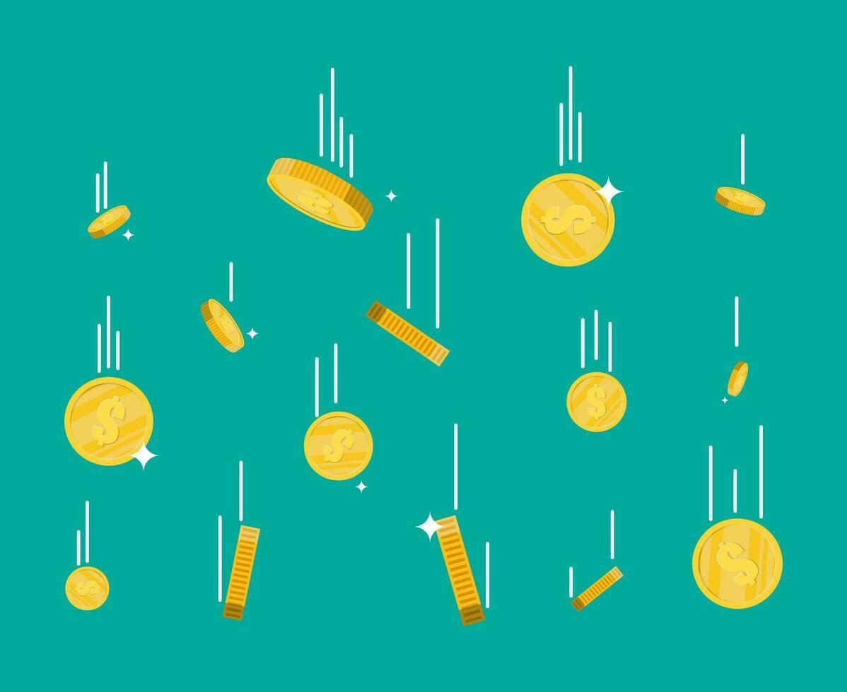 Falling gold coins. Money rain. Golden coins with dollar sign. Growth, income, savings, investment. Symbol of wealth. Business success. Flat style vector illustration.