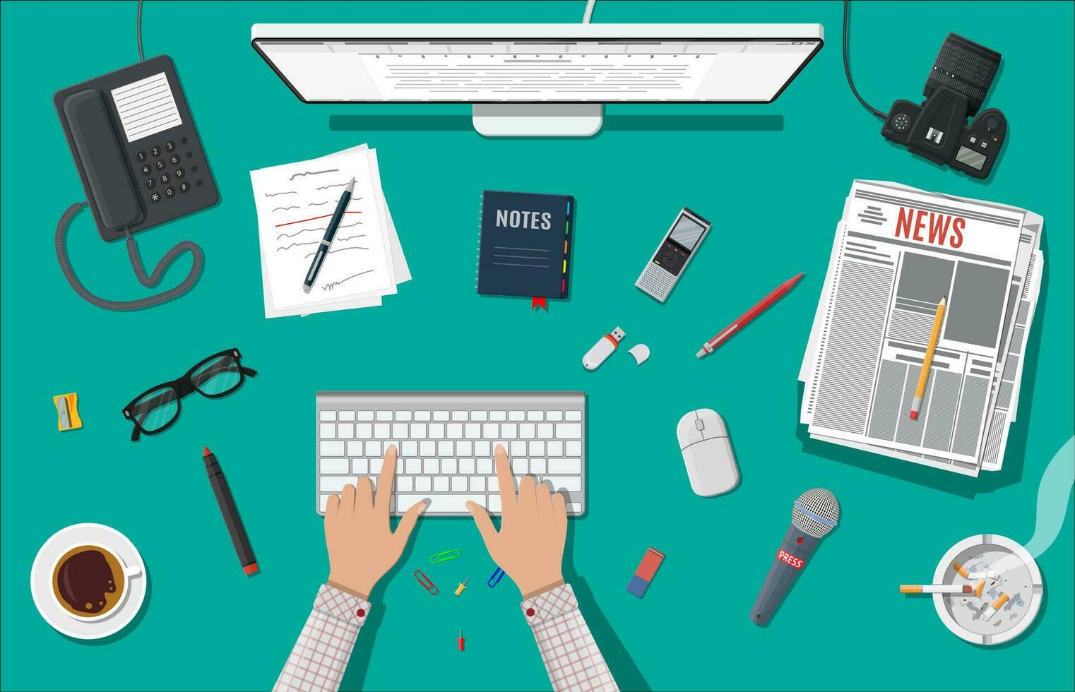 Writer or journalist workplace. Desktop pc, newspaper, mouse. Paper sheets with text, pen. Ashtray, cigarette, coffee. Eyeglasses phone microphone, photo camera Vector illustration in flat style