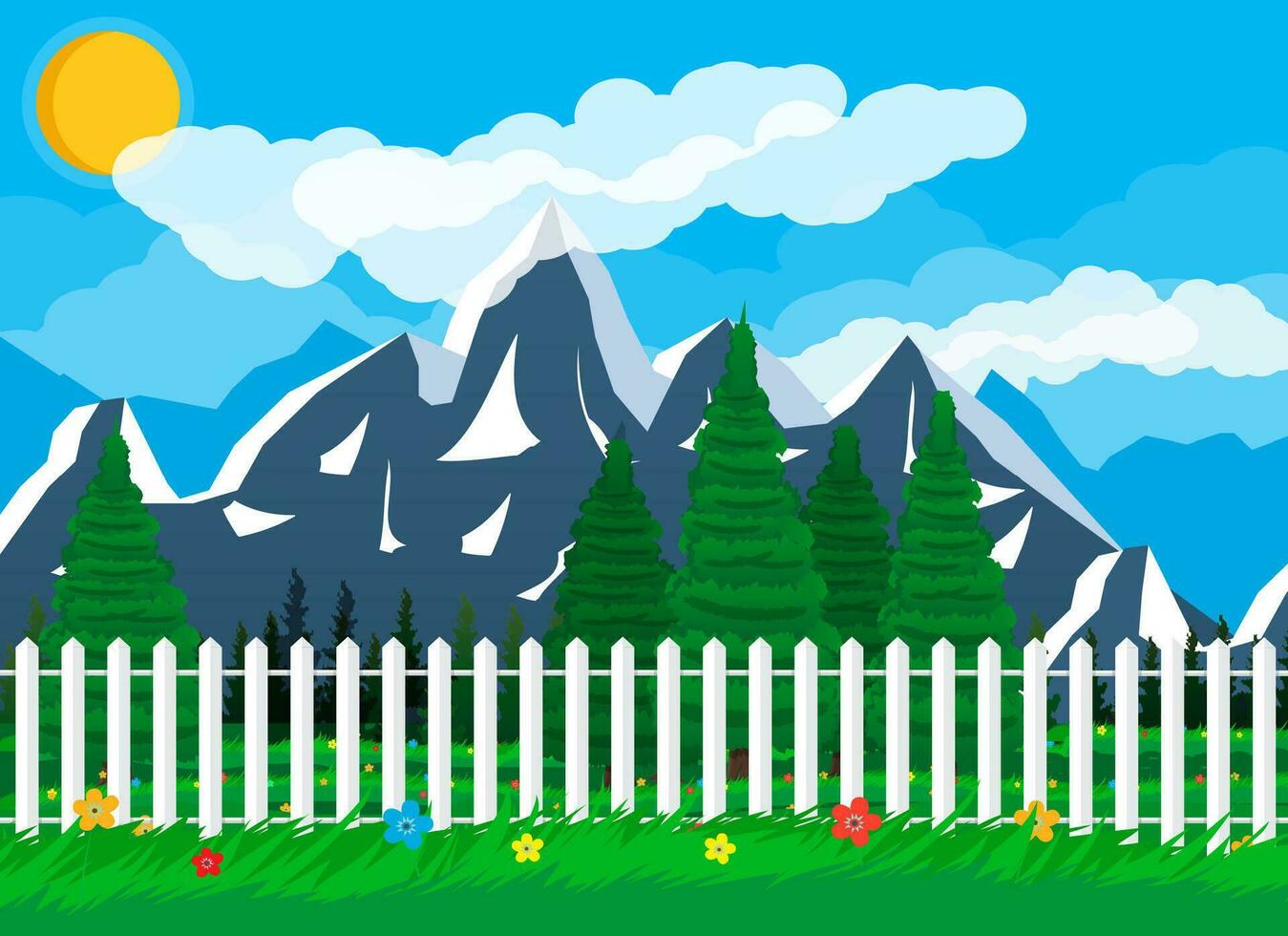 Summer nature landscape with mountains, forest, grass, flower, fence, sky, sun and clouds. National park. Vector illustration in flat style