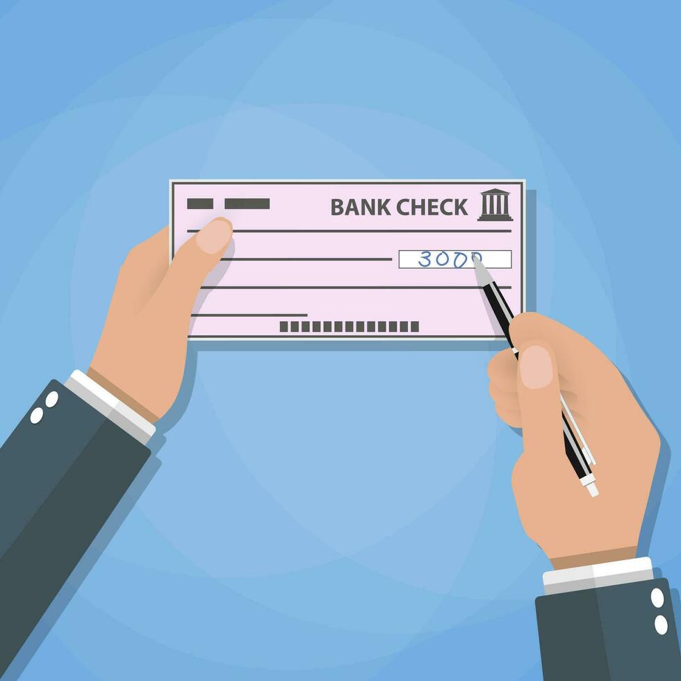 hombre manos con bolígrafo escritura controlar. banco cheque pagos vector ilustración en plano estilo en azul antecedentes