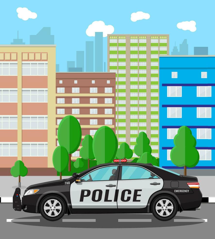 Generic police car at cityscape background. Vector illustration in flat style