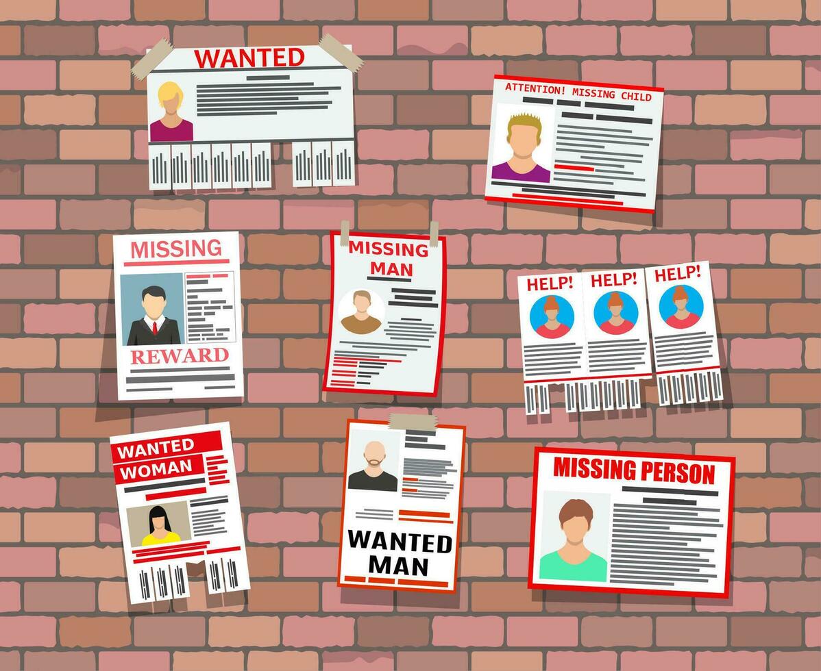 Wanted person paper poster on brick wall. Missing announce. Information tear off papers. Search for lost person in big city. Vector illustration in flat style