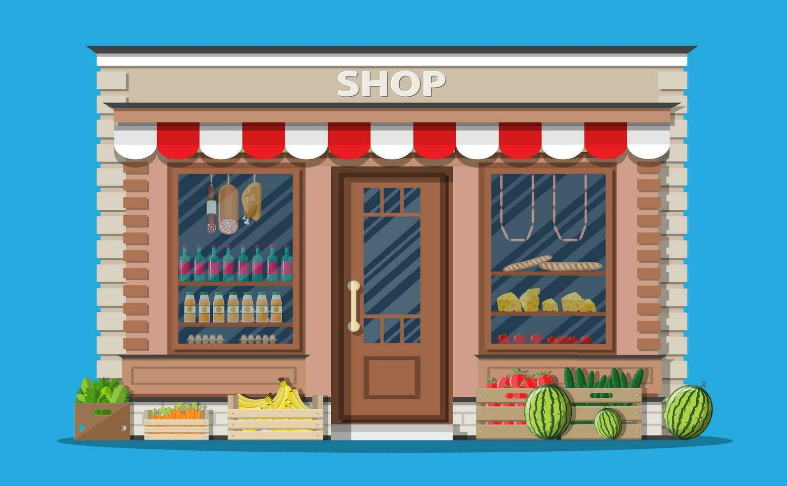 Daily products shop. Local fruit and vegetables store building. Groceries crates in front of storefront. Vector illustration in flat style