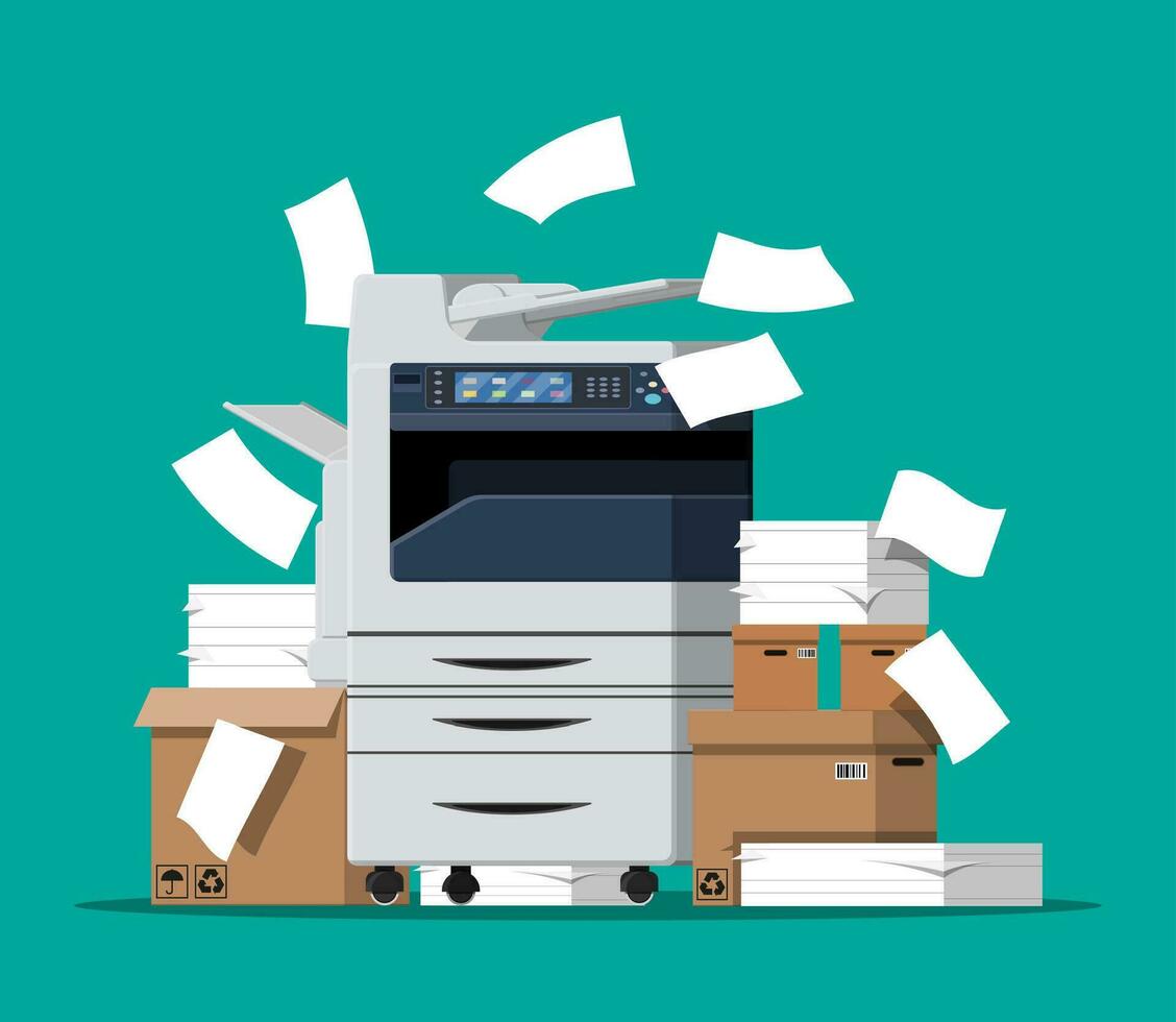 Office multifunction machine. Pile of paper documents, boxes and folders. Bureaucracy, paperwork, office. Printer copy scanner device. Proffesional printing station. Vector illustration in flat style