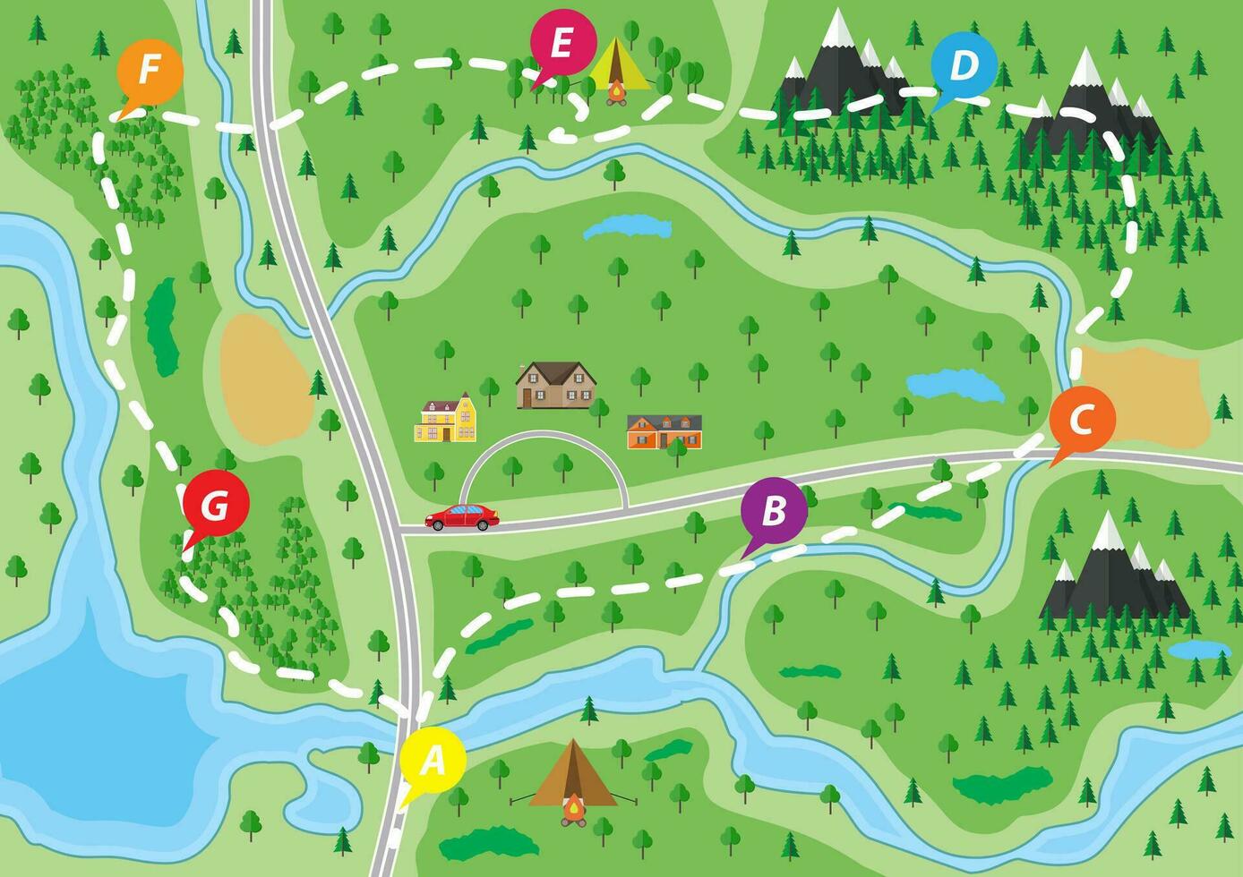 suburbano mapa con casas con auto, árboles, camino, río, montaña y acampar. aldea. vector ilustración en plano estilo