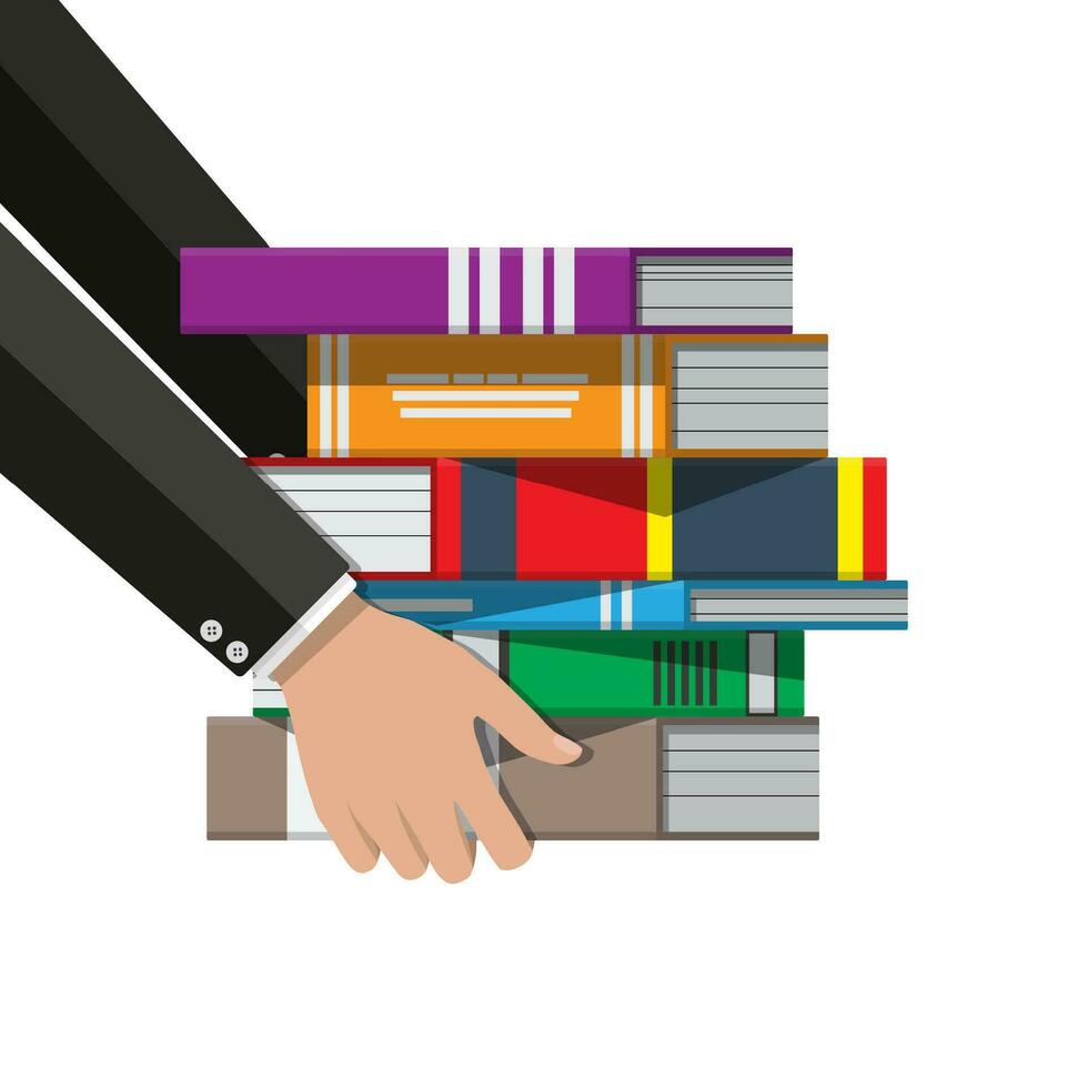 Pile of books in hand. Reading education, e-book, literature, encyclopedia. Vector illustration in flat style