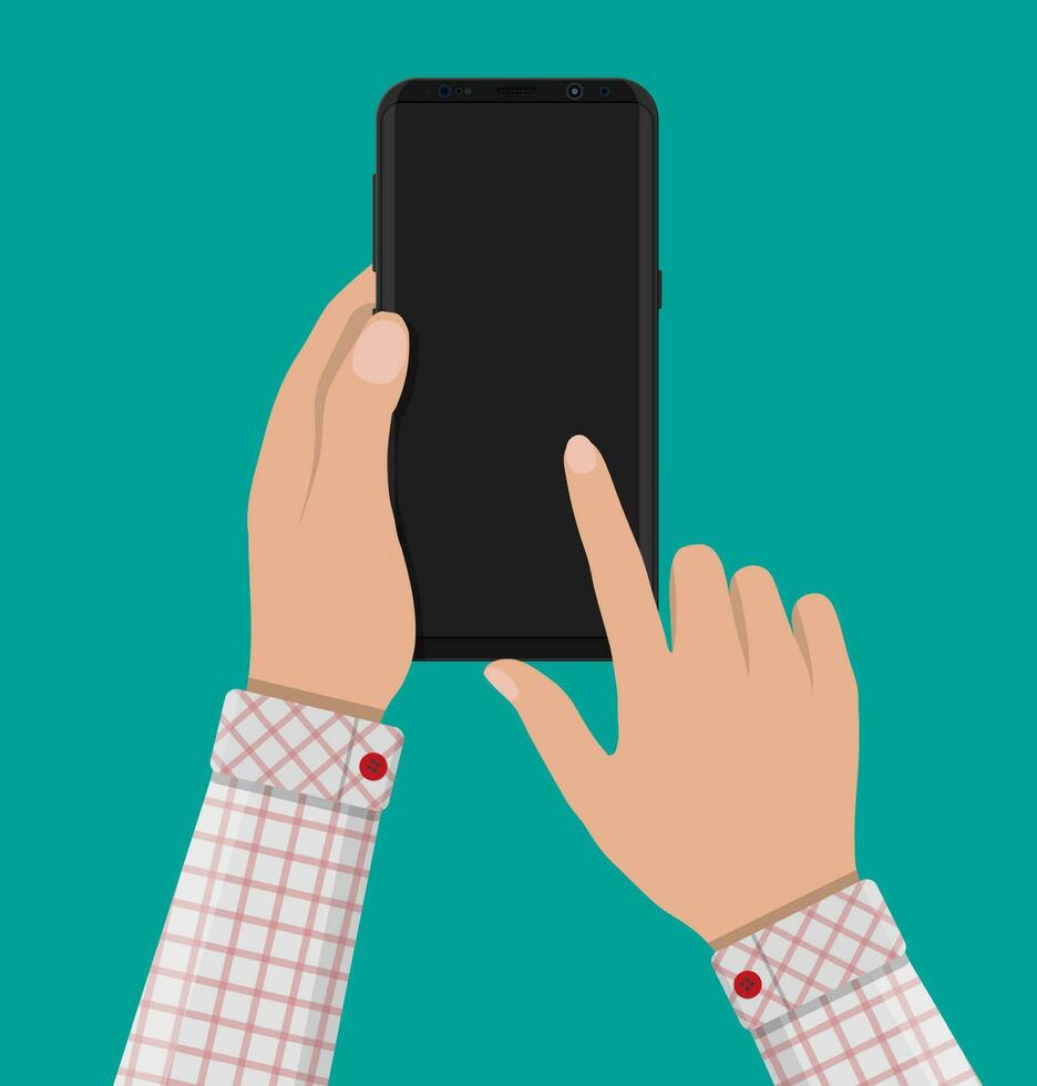 New generation smartphone with frameless edge display in hand. White blank and original screen. Phone electronic device with touchscreen. Vector illustration in flat style