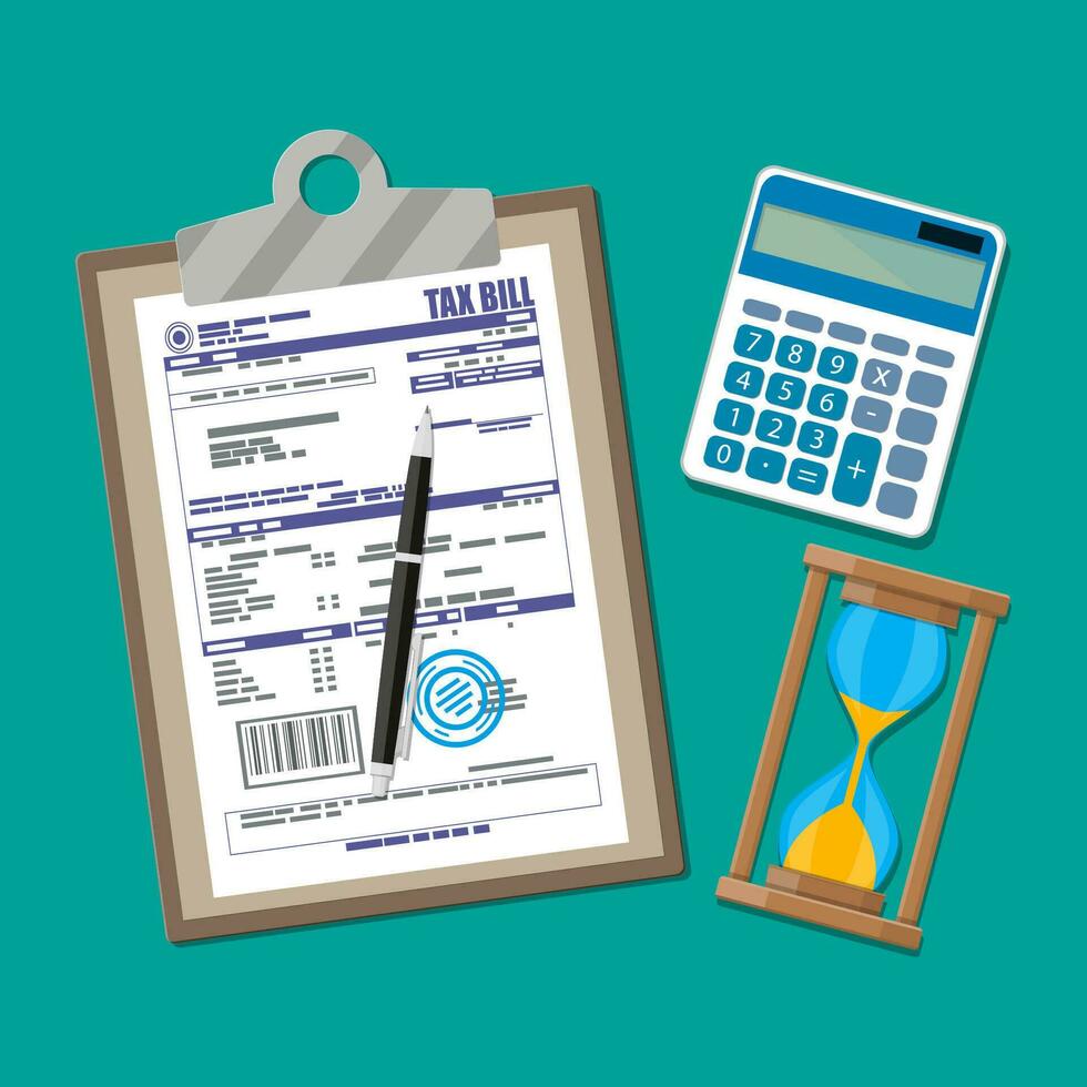 Clipboard with tax declaration paper document, pen, calculator, sand clocks. Tax day, deadline. Vector illustration in flat style