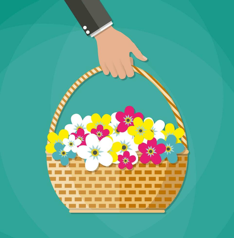 Hand Carrying Brown woven wicker basket with color flowers. vector illustration in flat design on green background