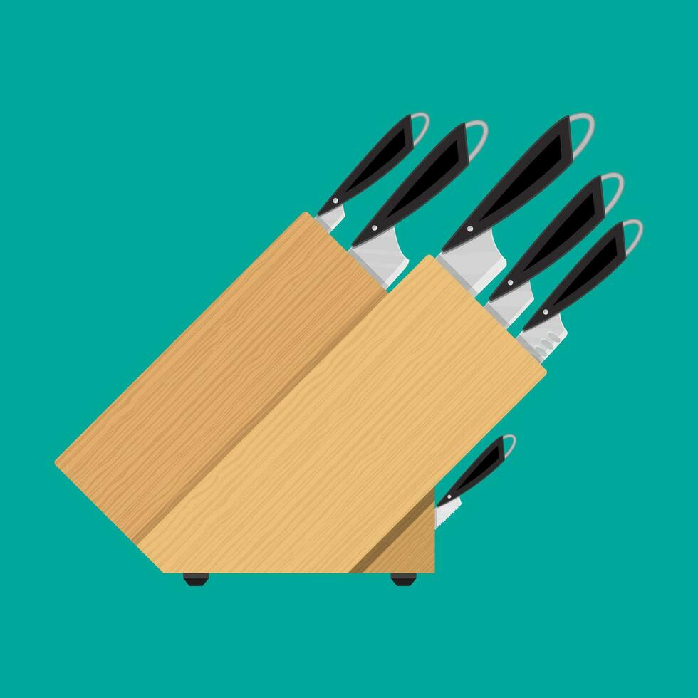 Set of kitchen knives for various products with wooden stand. Vector illustration in flat style