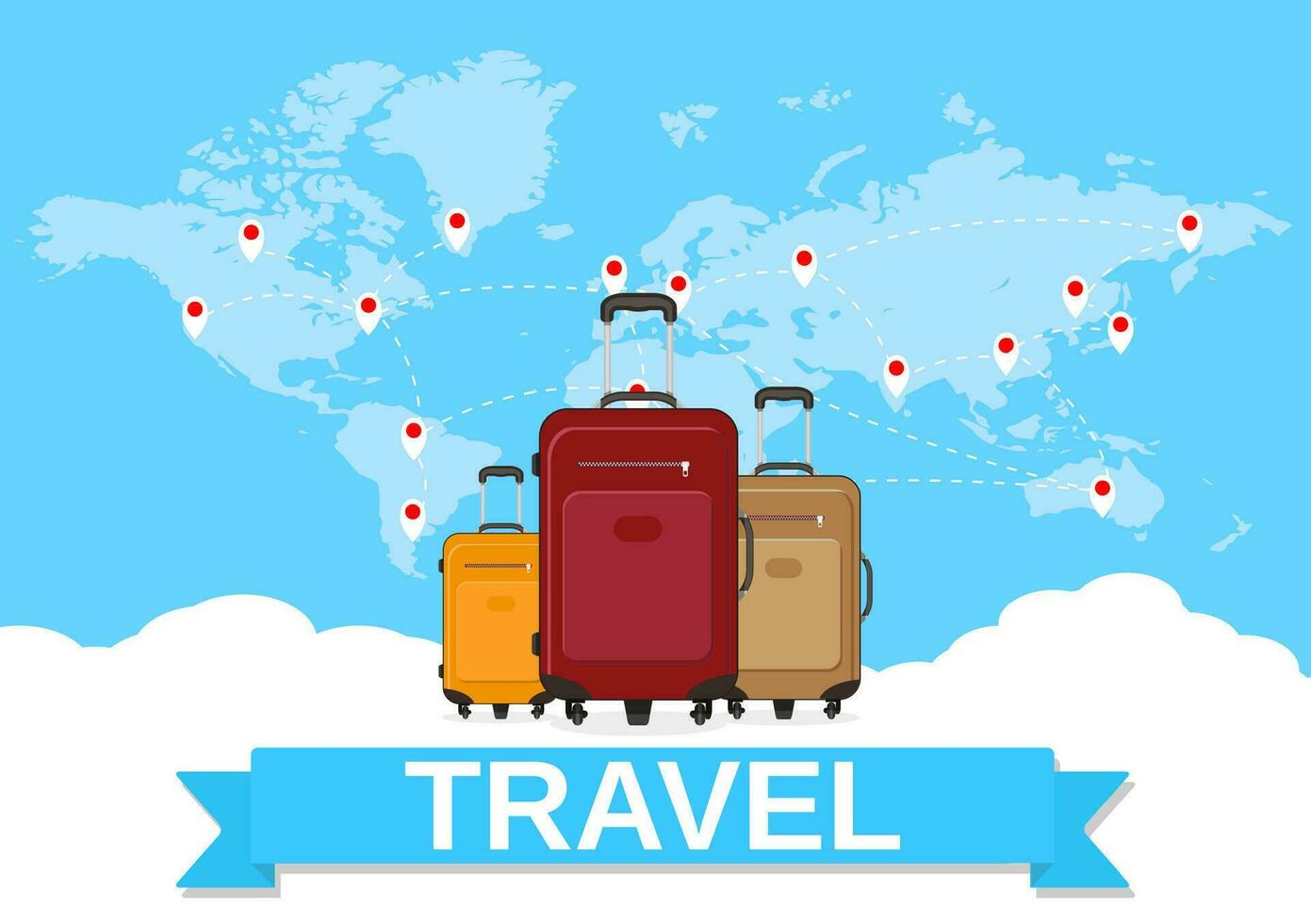 Three travel bag on background of world map with route. travel concept. vector illustration in flat design