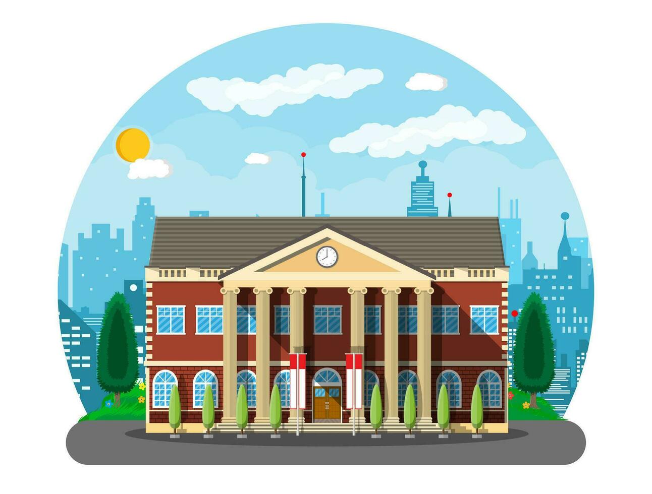 Classical school building and cityscape. Brick facade with clocks. Public educational institution. College or university organization. Tree, clouds, sun. Vector illustration in flat style