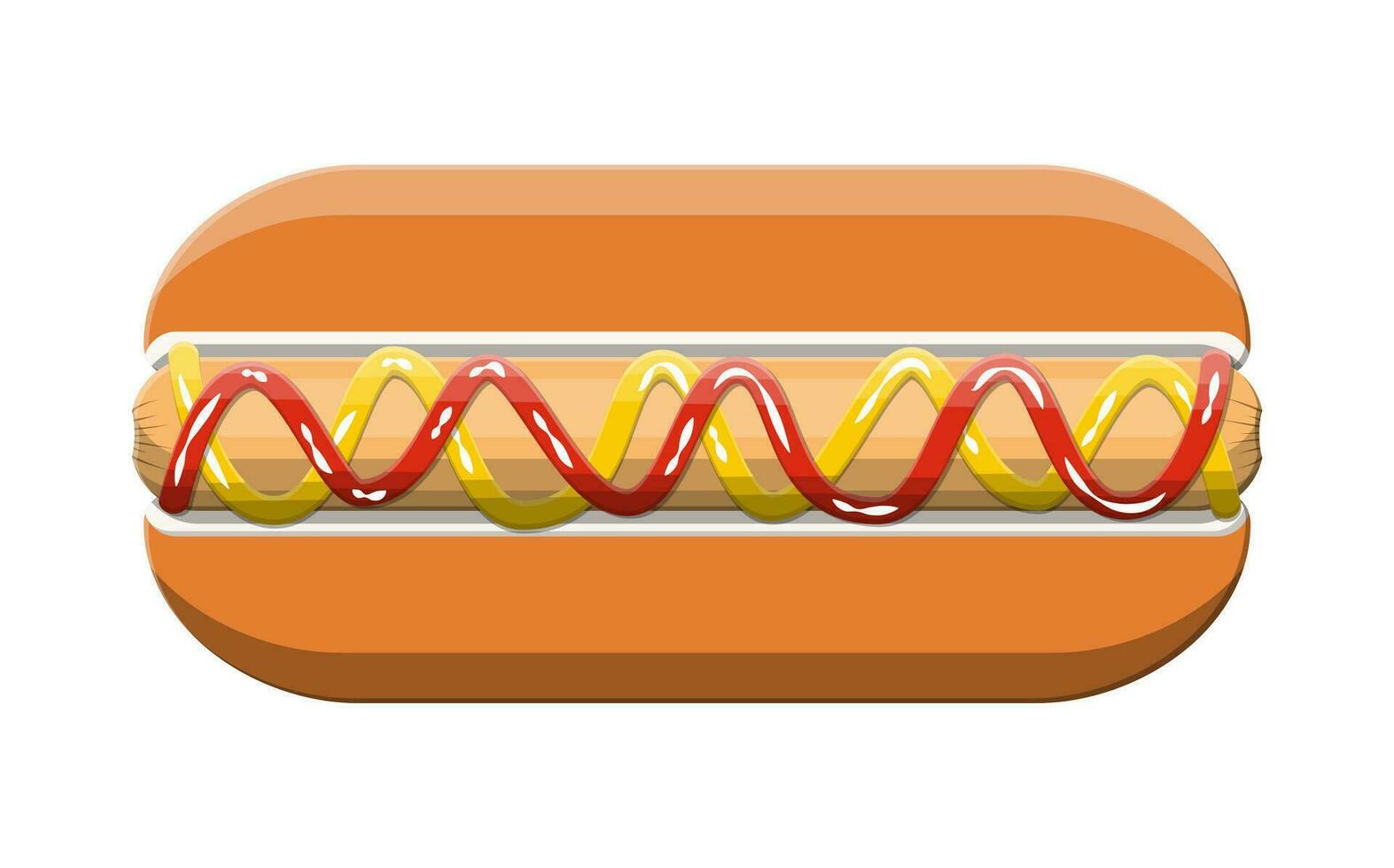 Hotdog isolated on white. Sausage with bun, mustard and ketchup. Fast food concept. Vector illustration in flat style