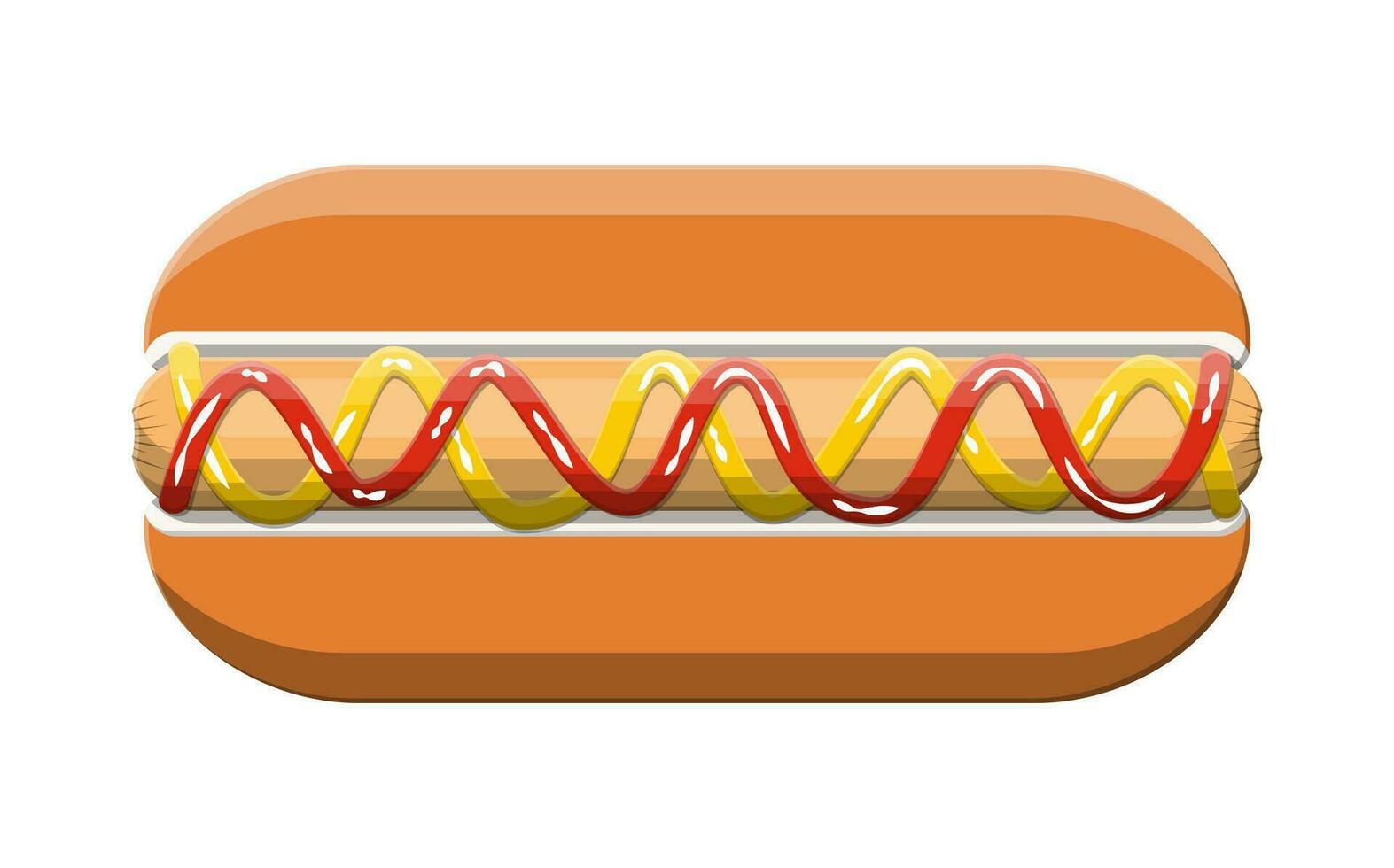 Hotdog isolated on white. Sausage with bun, mustard and ketchup. Fast food concept. Vector illustration in flat style