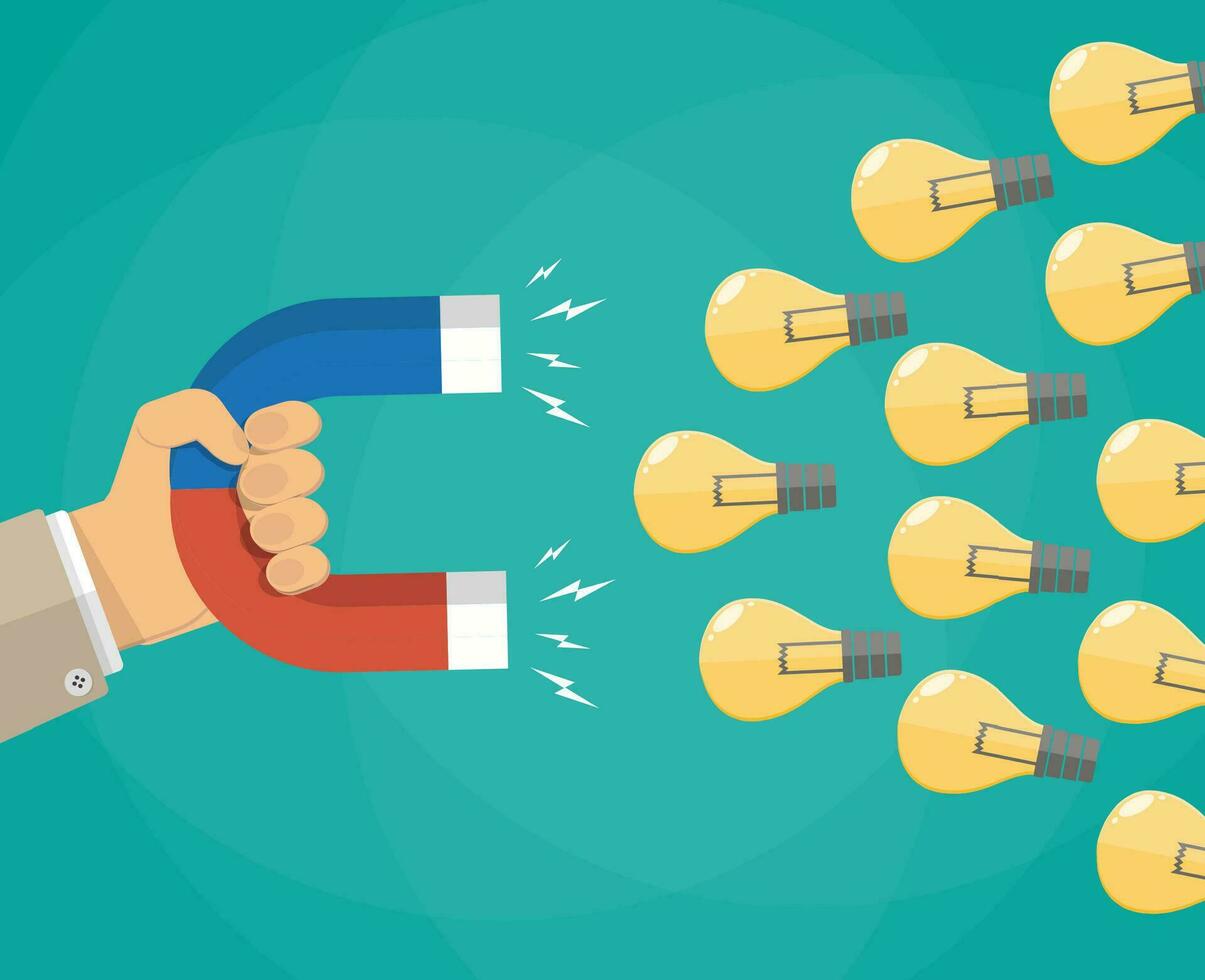 Hand of businessman with magnet attracting light bulbs idea. vector illustration in flat style on green background