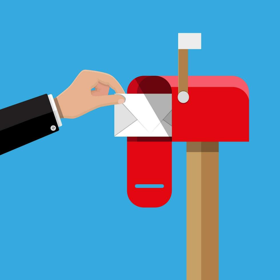 Red opened mailbox with regular mail inside. Post and mail, correspondence. Hand with envelope. Vector illustration in flat design