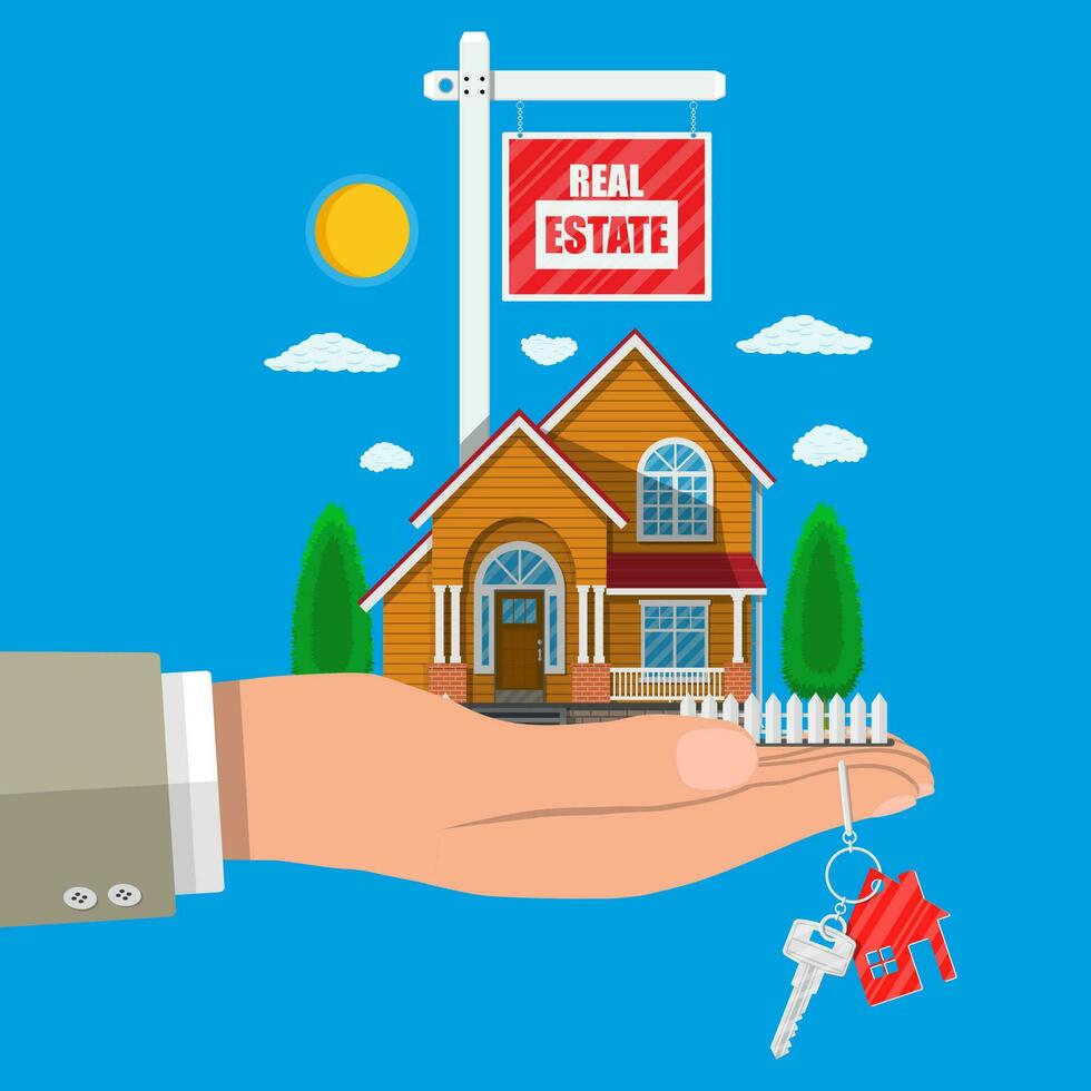 Suburban family house set in hand. Countryside wooden and brick house icon. Key. Sale and rent house, mansion. For sale placard. Real estate. Vector illustration in flat style