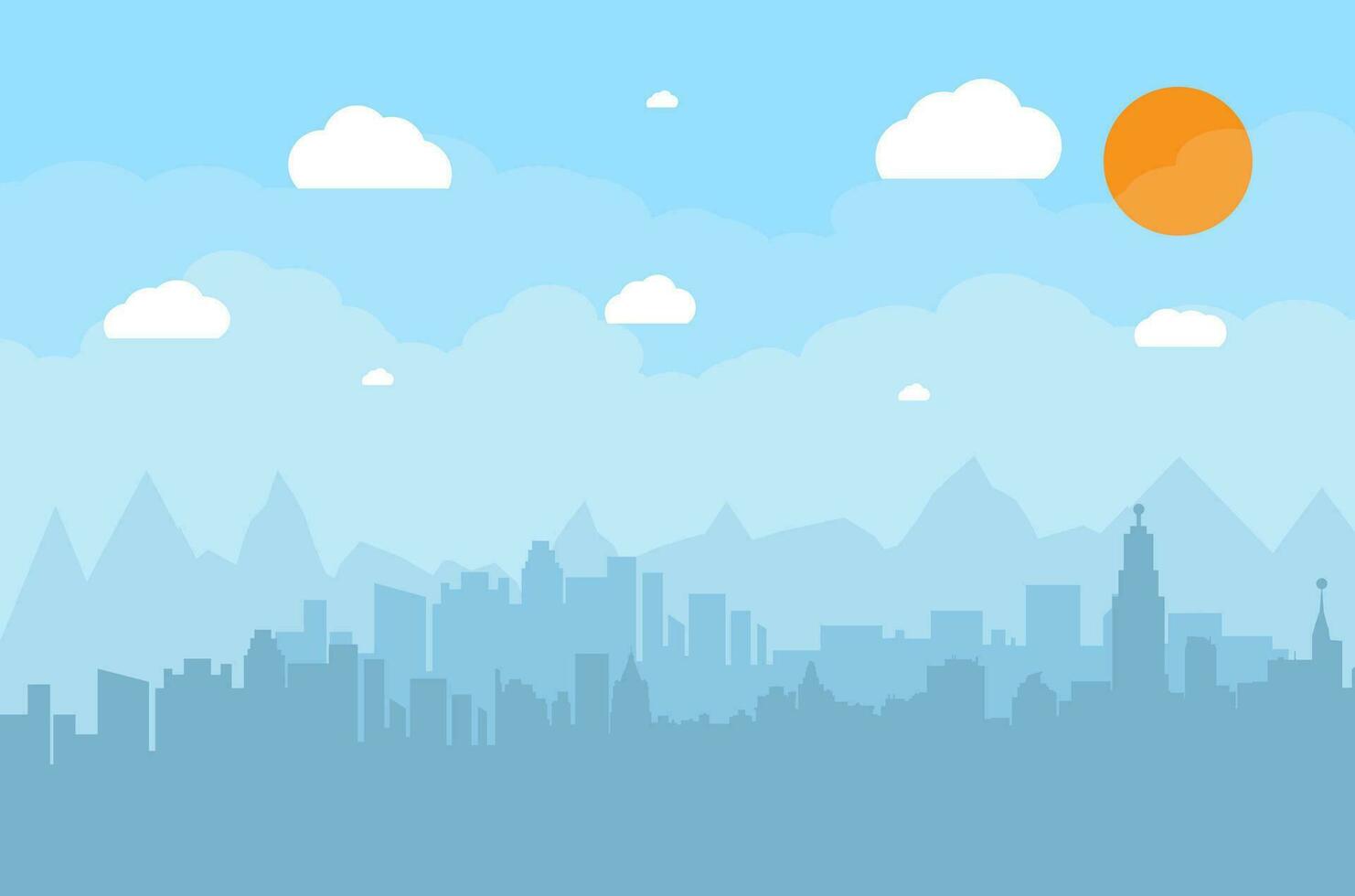 Morning city skyline. Buildings silhouette cityscape with mountains. Big city streets. Blue sky with sun and clouds. Vector illustration