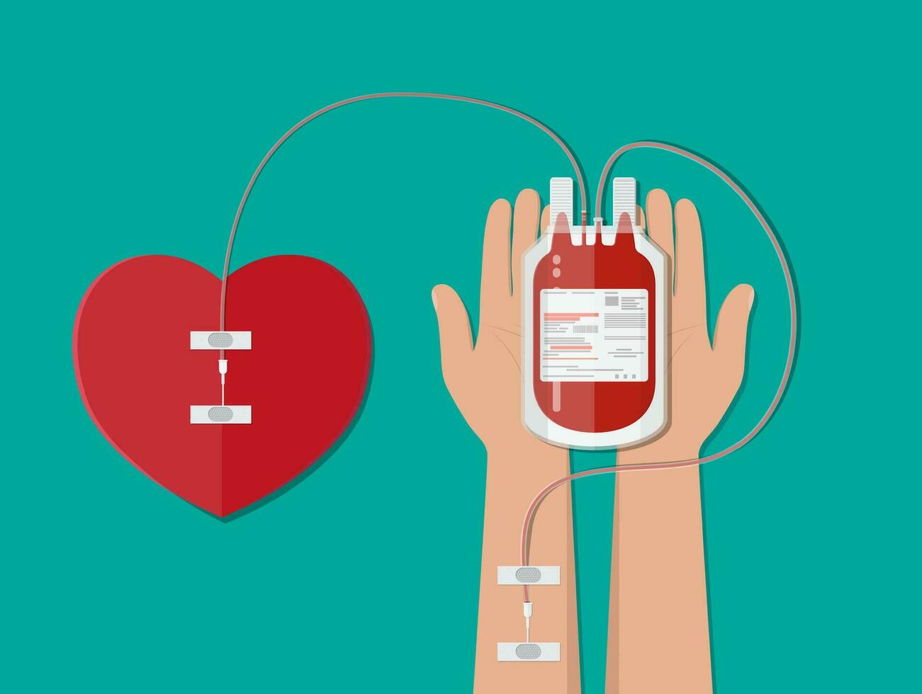 Blood bag and hand of donor with heart. Blood donation day concept. Human donates blood. Vector illustration in flat style.