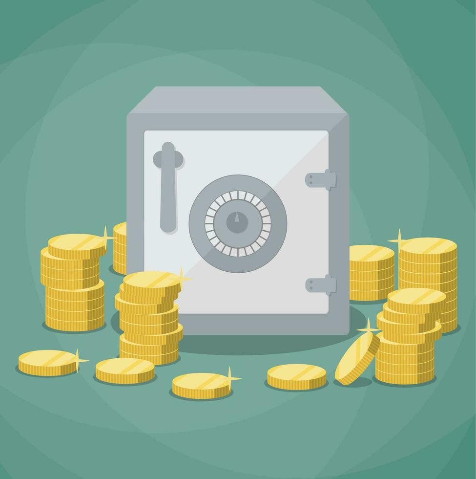 closed small safe box and stacks of gold coins. vector illustration in flat design on green background