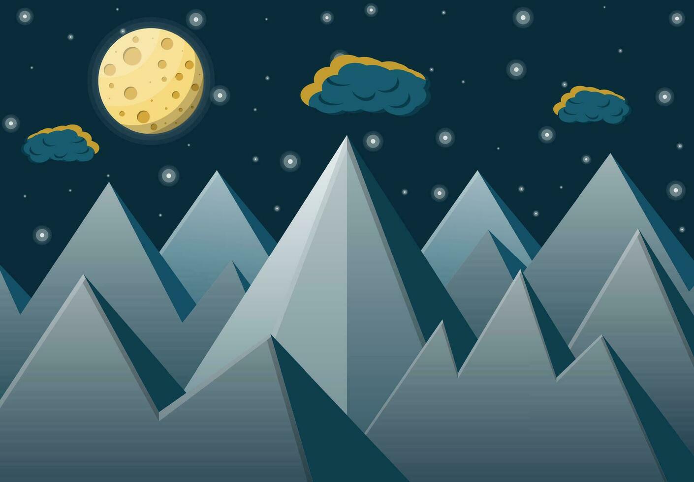 Space landscape with mountains and full moon. Sky with stars and clouds. Night rocky landscape. Vector illustration in flat style