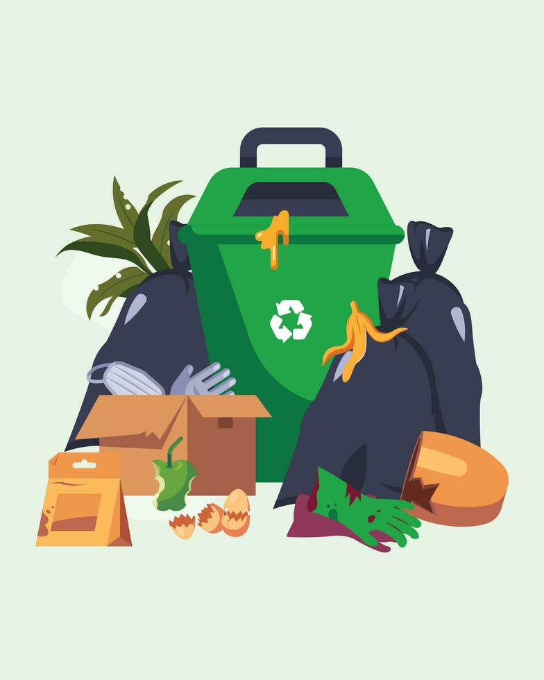 Green trash can, rubbish bags and scattered rubbish set vector illustration. Falling rotten garbage and food waste cartoon design