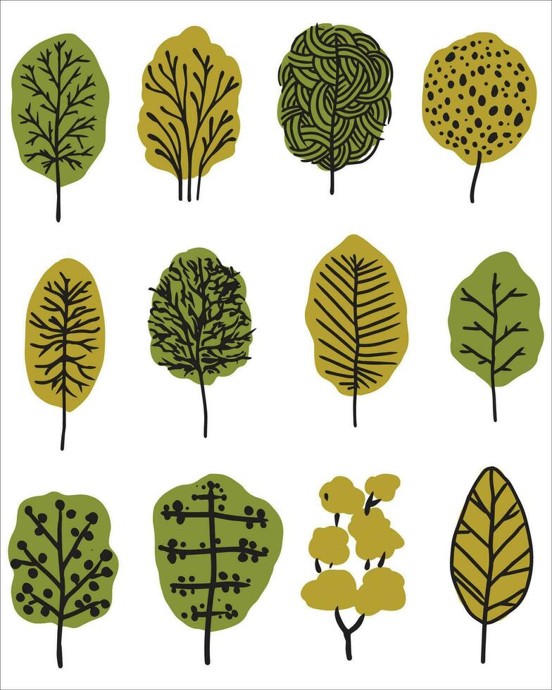 set Icon of cartoon trees or green leaves isolated. canvas tree collection. Vector stock illustration. EPS 10