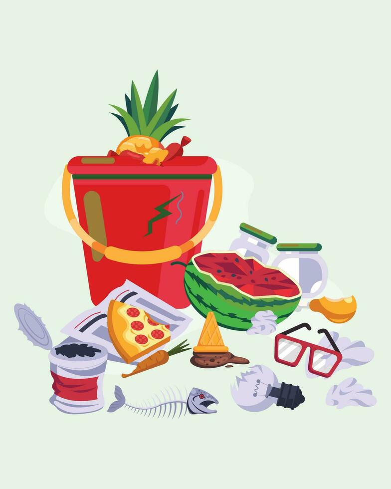 Red trash bucket and scattered trash set vector illustration. Falling rotten garbage and food waste cartoon design. Ecology and environment concept