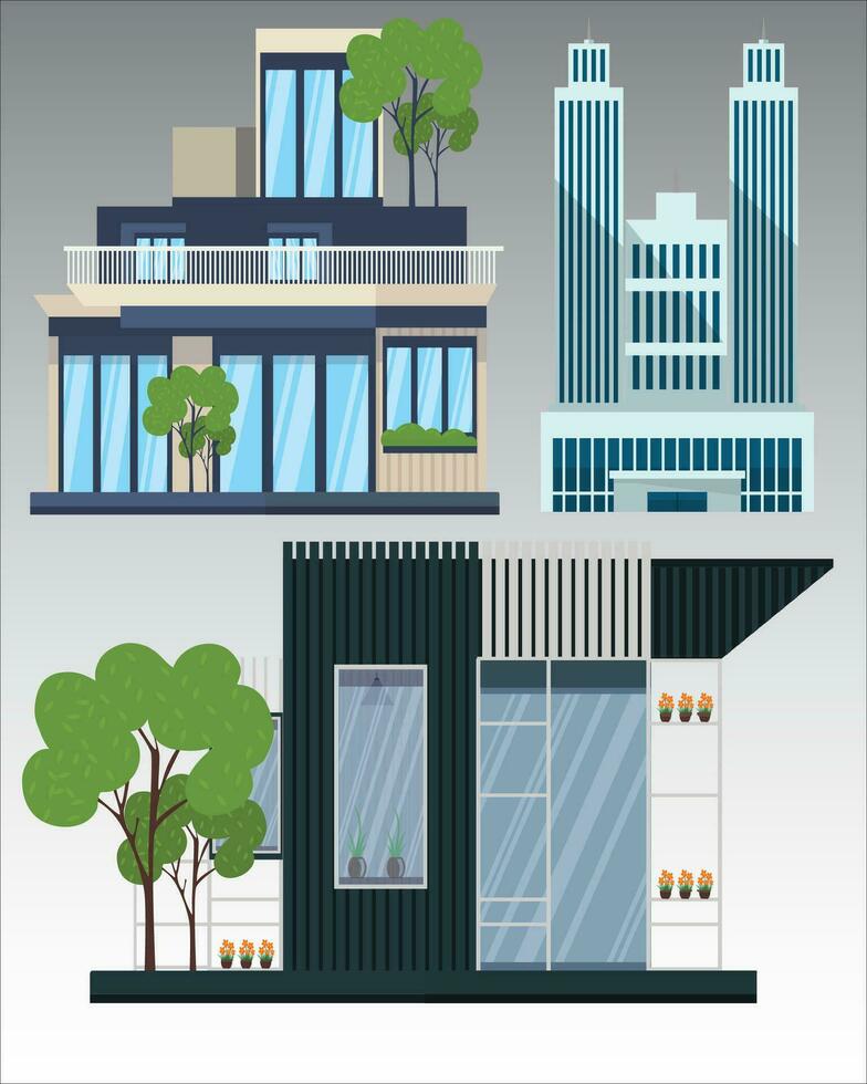 Residential house and office building with garden and trees. white background vector