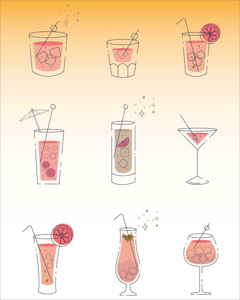 cócteles arreglado en línea estilo. restaurante, fiesta, pub o club elementos. Fresco y frío alcohólico cóctel. resumen ilustración. vector