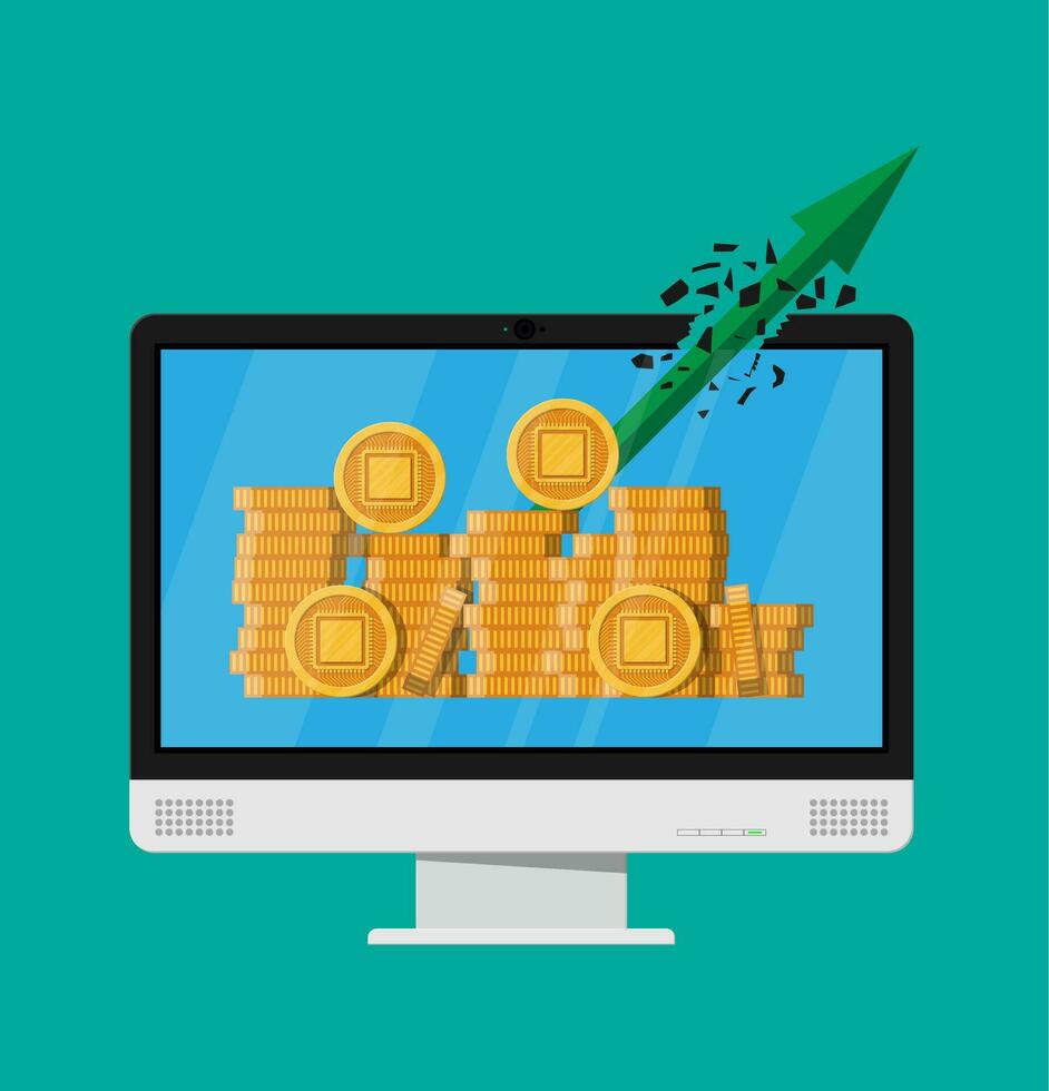 Stack of golden coin with computer chip. Computer monitor. Money and finance. Digital currency. Virtual money, cryptocurrency and digital payment system. Vector illustration in flat style