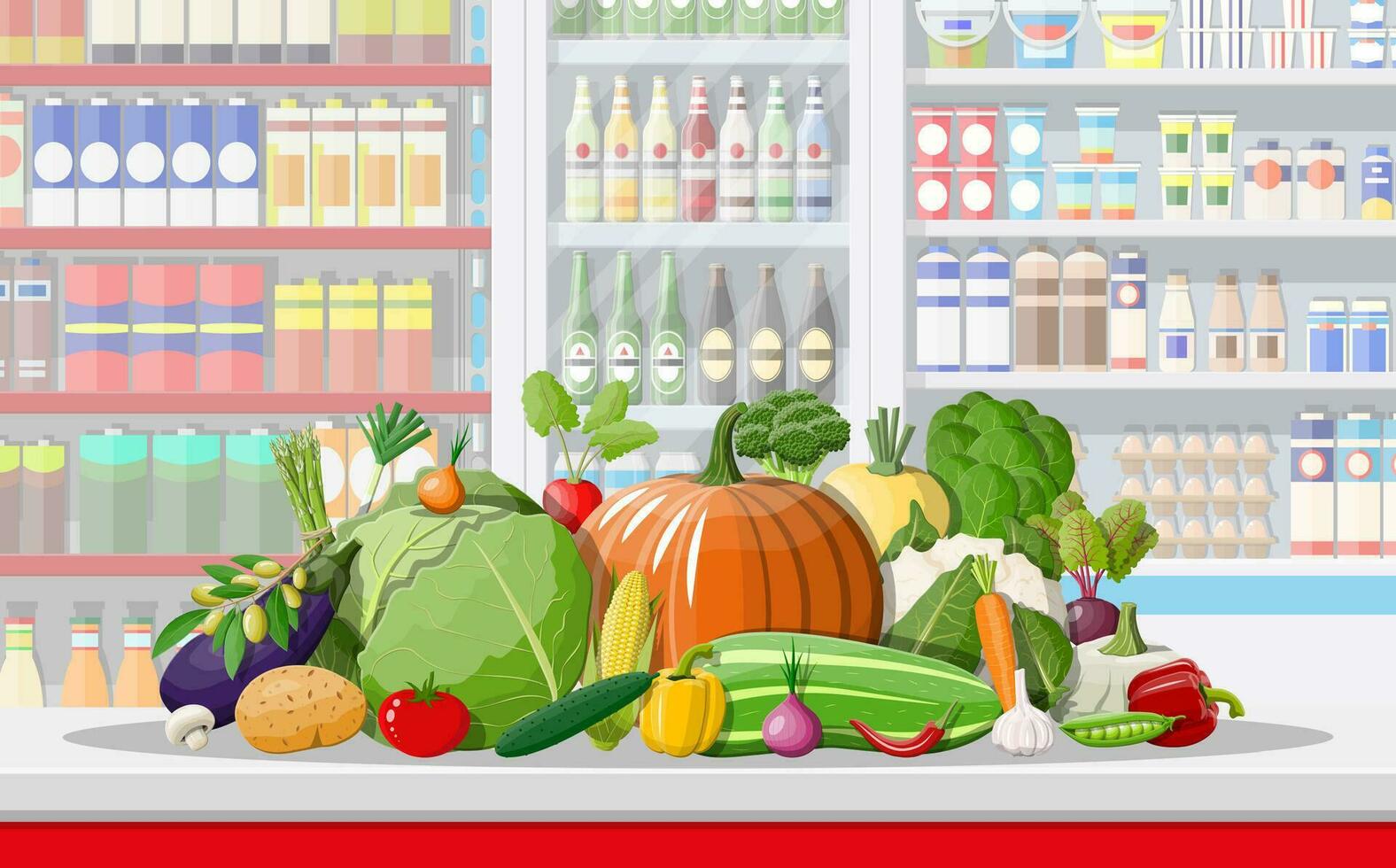 Supermarket store interior with vegetables. Big shopping mall. Interior store inside. Checkout counter, grocery, drinks, food, dairy products. Vector illustration in flat style