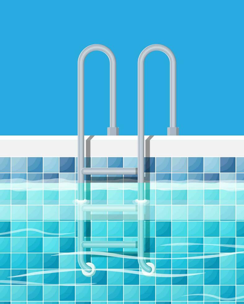 Swimming pool and ladder. Blue tiles and metal ladder. Holiday resort, spa, sport, rest, pool party. Vector illustration in flat style