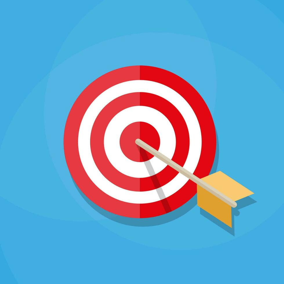 Red white circle darts target with orange arrow in center. Sport, shooting. Vector illustration in flat design on blue background