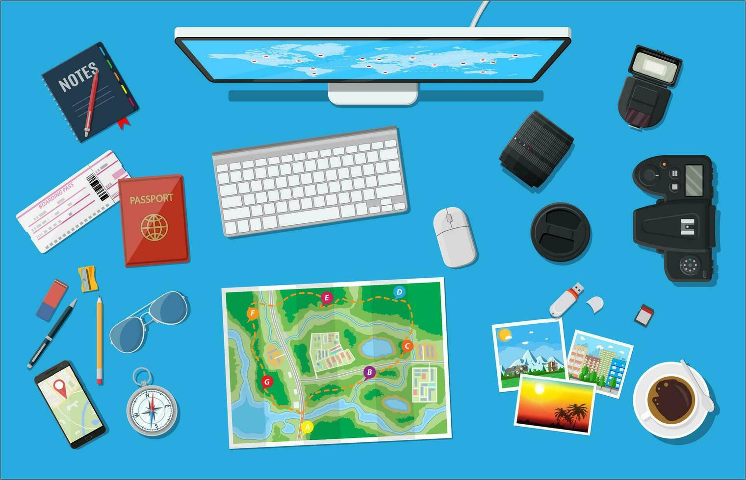 Desktop pc and paper map. Photo camera and photos, notepad with pencil, compass, marker, coffee cup, eyeglasses, smarrphone. Traveler planning trip. Vector illustration in flat style