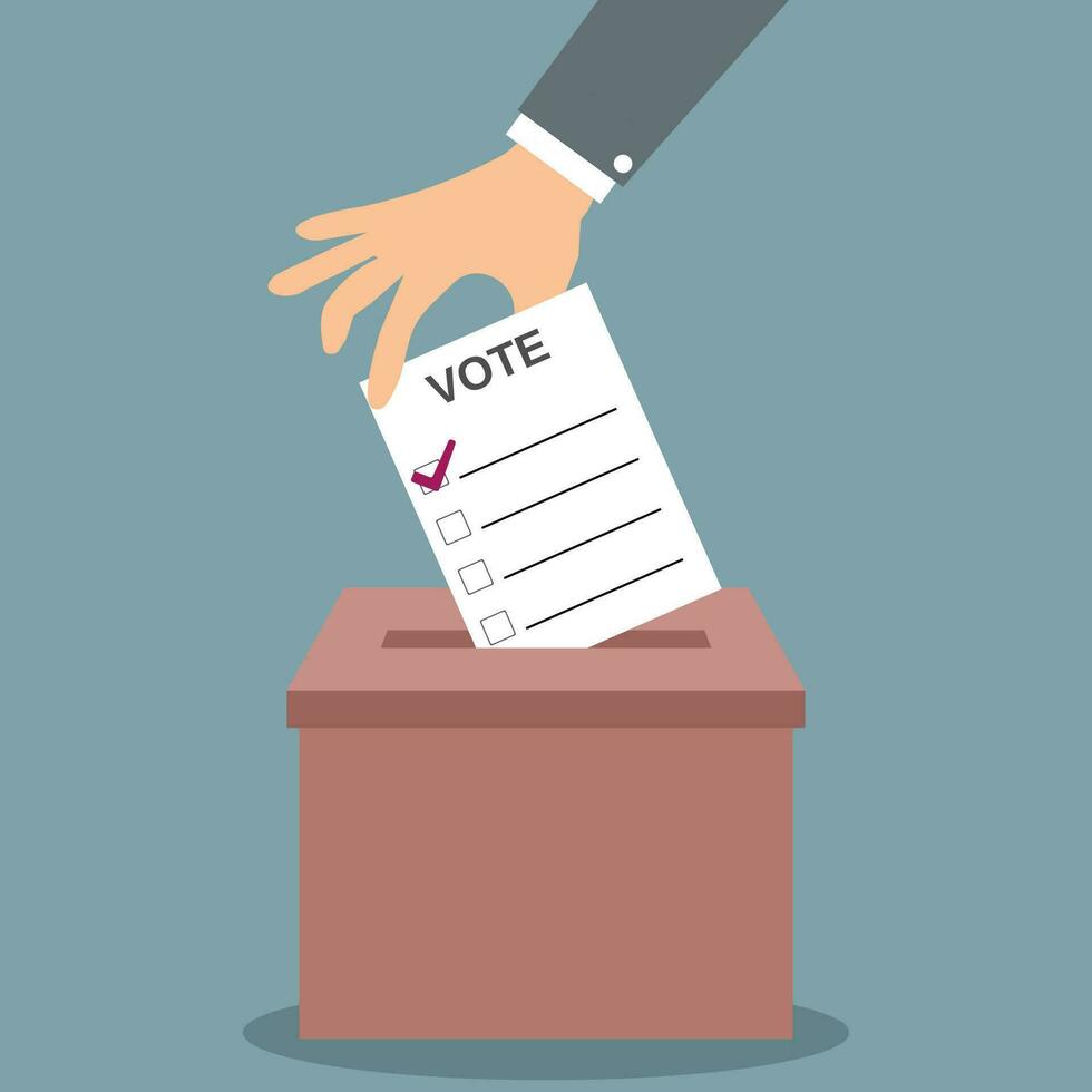 Human hand putting voting paper in the red ballot box. vector illustration in flat design, infographics web design elements