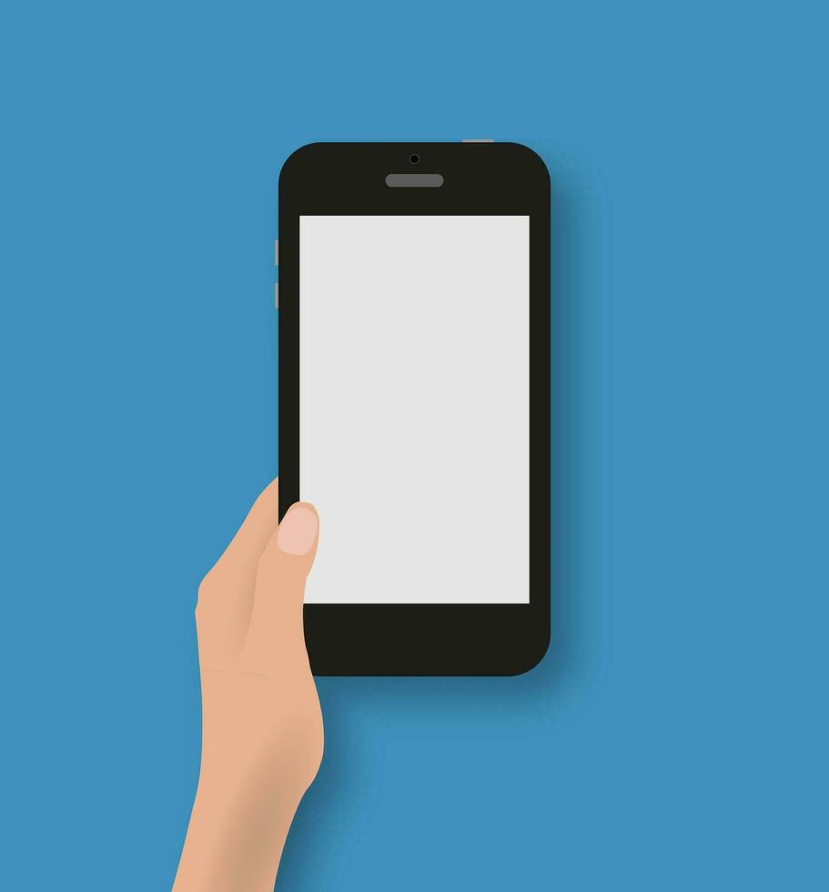 Hand holding black touch phone at blue backgound with shadows. Vector illustration in flat design. Concept for web design, promotion templates, infographics. vector illustration