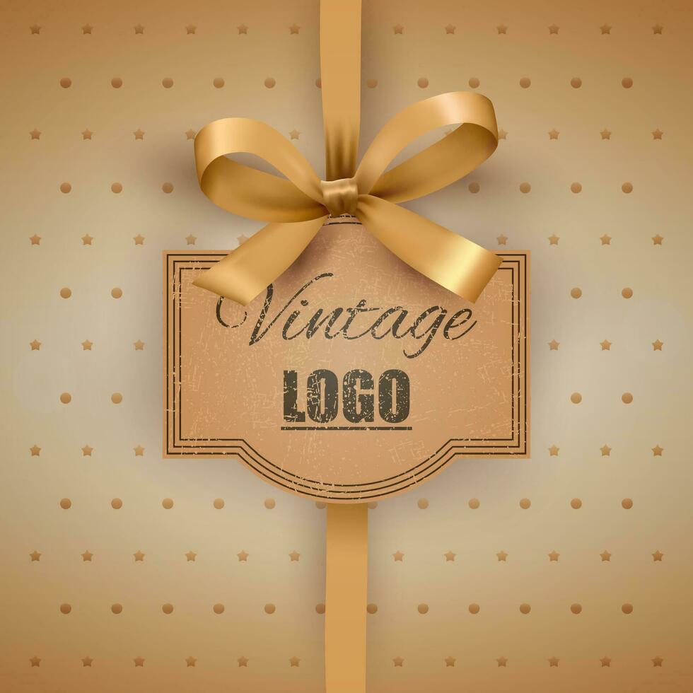 Vintage logo in grunge style with gold bow and ribbon at light brown background with stars and dots. greeting postal card. vector illustration