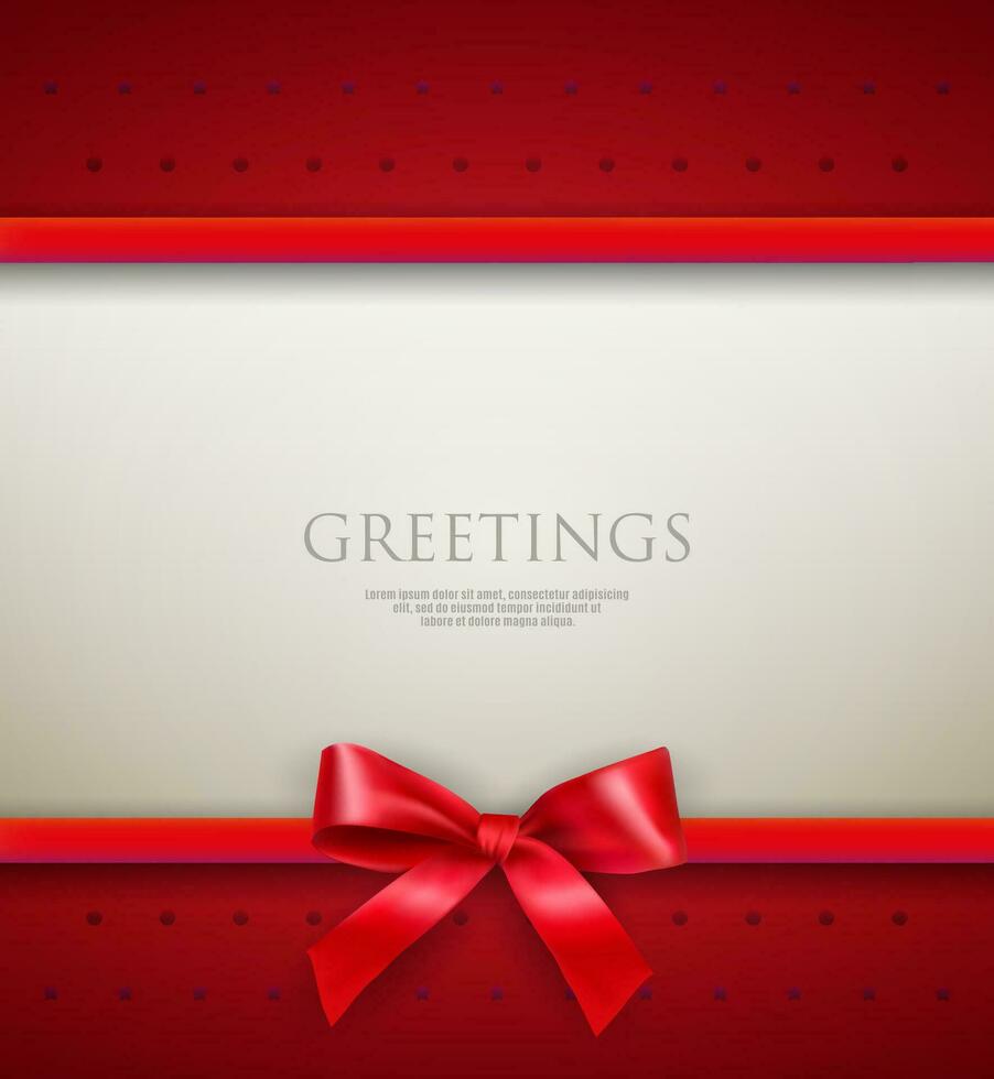 White text place with red ribbons and bow at red background with dots and stars. template for greetings christmas new year card. vector illustration